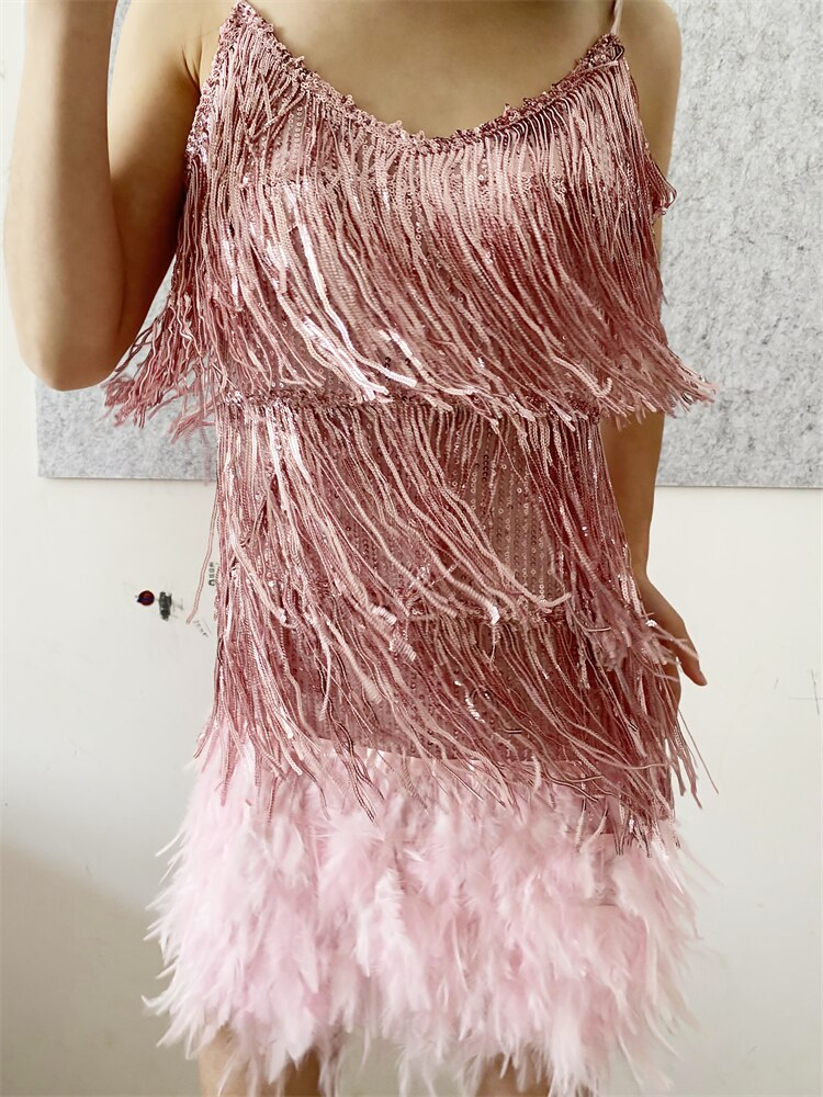 Women Sexy Feather Sparkly Tassel Dress Pink Sequin Fringe Dance Flapp Simplepromdress Women Sexy Feather Sparkly Tassel Dress Pink Sequin Fringe Dance Flapp Simplepromdress