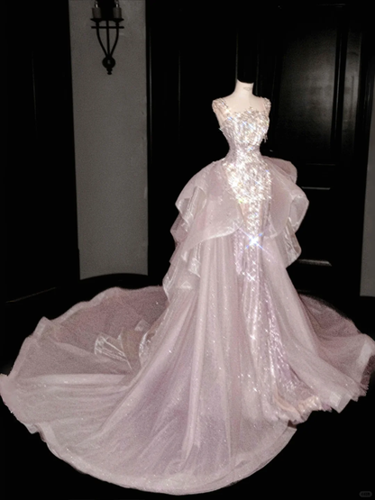 Glamorous Lavender Tulle Beaded Mermaid Prom Dress,Formal Evening Dress Y8669