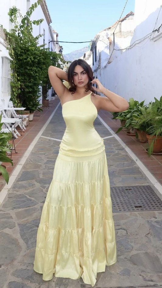 Cute Yellow One Shoulder Satin A Line Long Wedding Guest Dress Evening Dress SP791