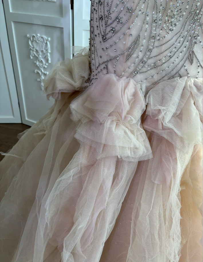Pretty Sweetheart Neck Nude Pink Tulle Beaded Mermaid Long Party Dress Formal Wedding Guest Dress SP1459