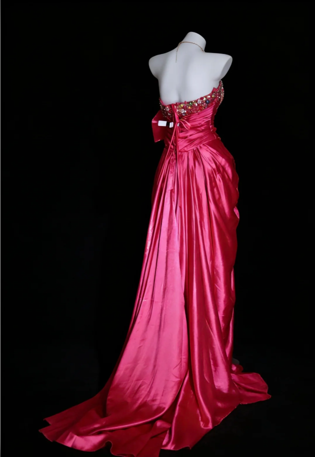 Fashion Hot Pink Satin Beaded Mermaid Long Evening Dress Formal Wedding Guest Dress With Bow SP1844