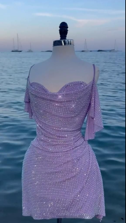 Sparkly Spaghetti Straps Lilac Sequin Sheath Cocktail Dress Formal Homecoming Dress Y9456