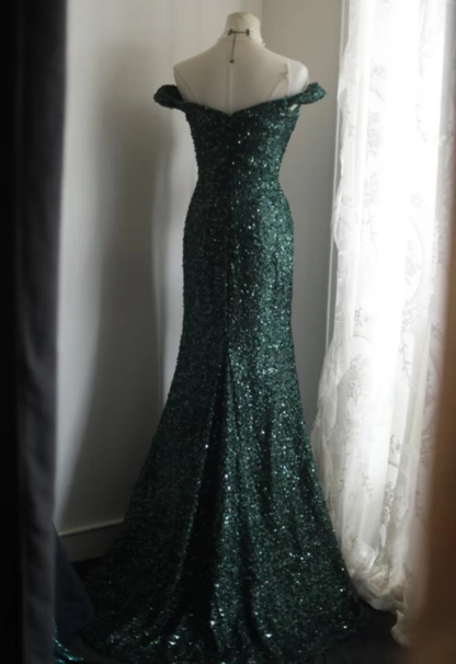 Vintage Off The Shoulder Green Sequin Slit Mermaid Wedding Guest Dress Long Party Dress SP1261