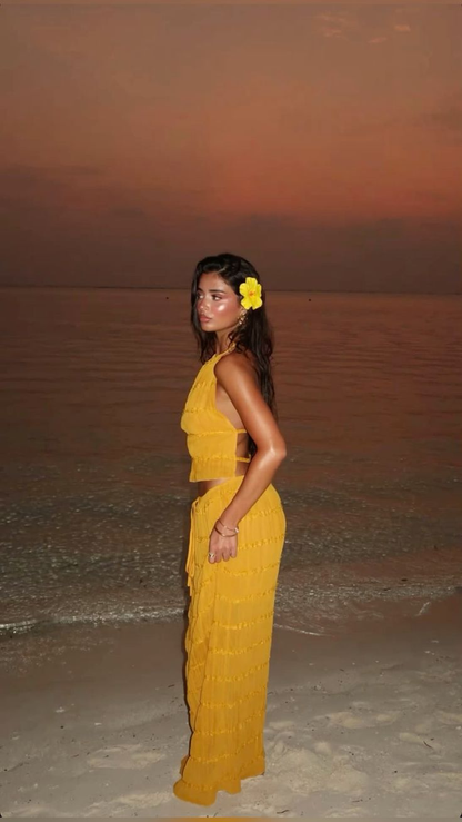 Sexy Halter Chiffon Backless Party Dress,Orange Long Vacation Dresses Two Piece  Y8751