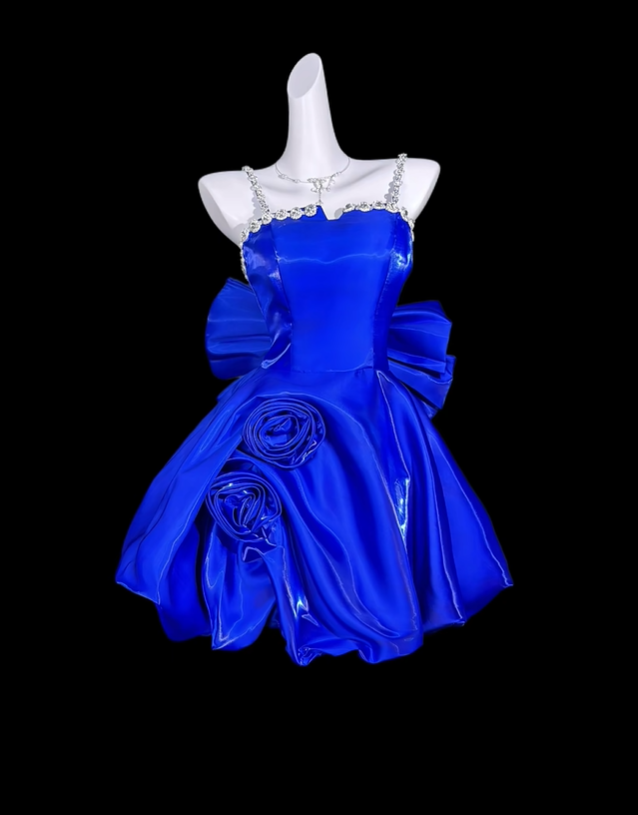 Glamorous Spaghetti Straps Satin Beaded Short Graduation Homecoming Dress,Blue Mini Birthday Outfits SP3513
