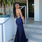 Sexy Navy Blue V Neck Satin Beaded Mermaid Long Party Dress Formal Wedding Guest Dress SP1353