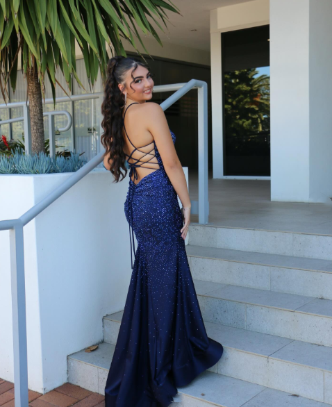 Sexy Navy Blue V Neck Satin Beaded Mermaid Long Party Dress Formal Wedding Guest Dress SP1353