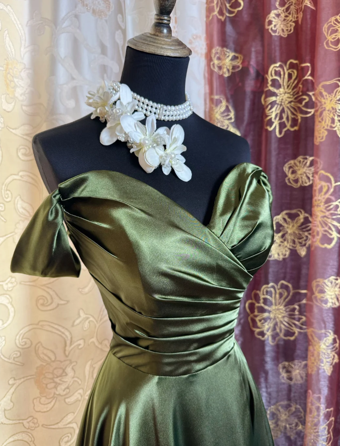 Classy Off The Shoulder Olive Green Satin Pleated Slit Long Evening Dress Formal Wedding Guest  Dress SP1889
