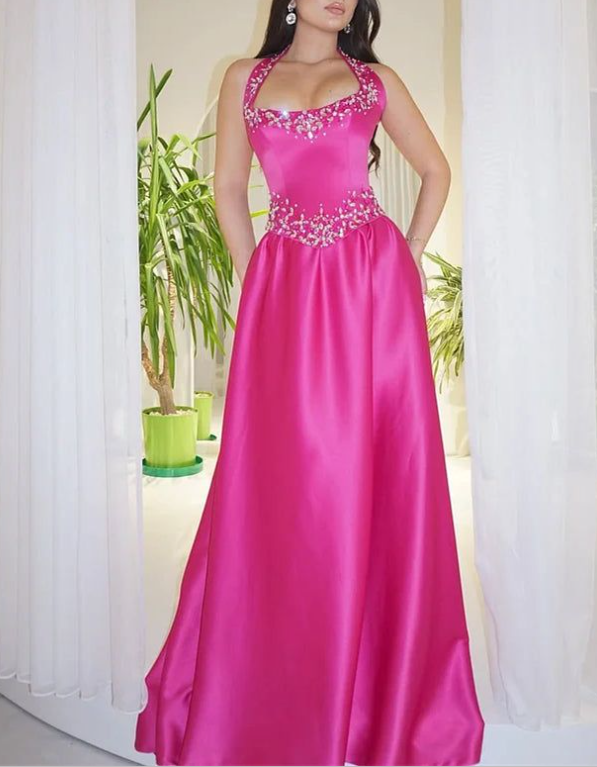 Pretty Hot Pink Satin Beaded Long Wedding Guest Dress Formal Party Dress SP1363