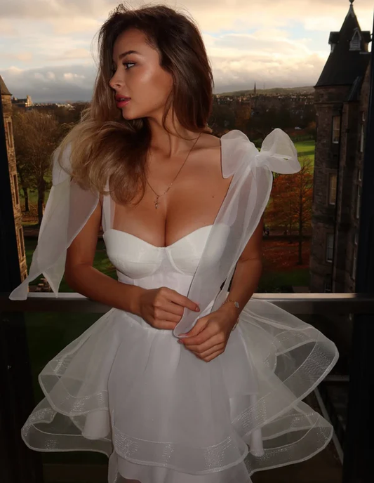 Elegant Bow Straps White Tulle A Line Graduation Homecoming Dress 16th Birthday Outfits Y9352