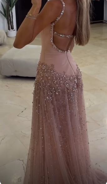 Classy Pink Satin Tulle Beaded Prom Dress Backless Long Party Dress SP4263