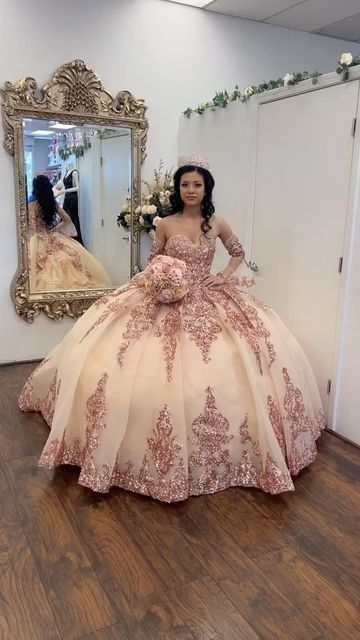 Rose Gold Sweetheart Puffy Princess Ball Gown Sweet 16 Dress Beaded Ap – Simplepromdress