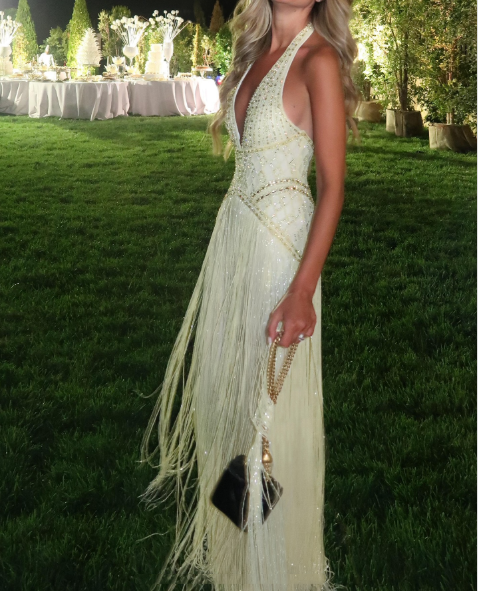 Glamorous Yellow Halter Beaded Tassel Long Birthday Prom Gown Party Dress SP1116