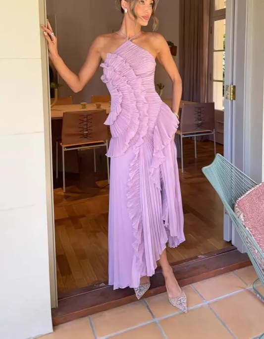 Chic Lavender Chiffon Ruched Prom Dress,Sexy Halter Party Evening Gown Y8731