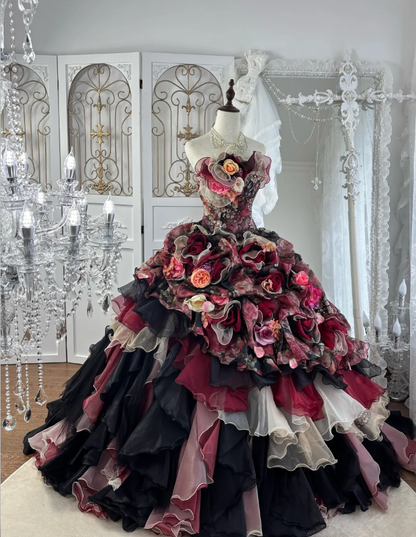 Vintage Strapless Ball Gown Chiffon Rose Floral Ruffle Princess Quinceanera Dress SP1771