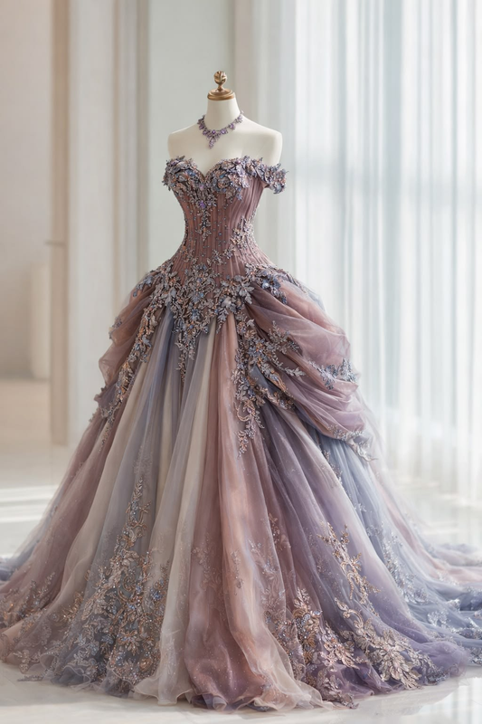 Elegant Off The Shoulder Pink Purple Tulle Chiffon Appliques Quinceanera Dress SP4314