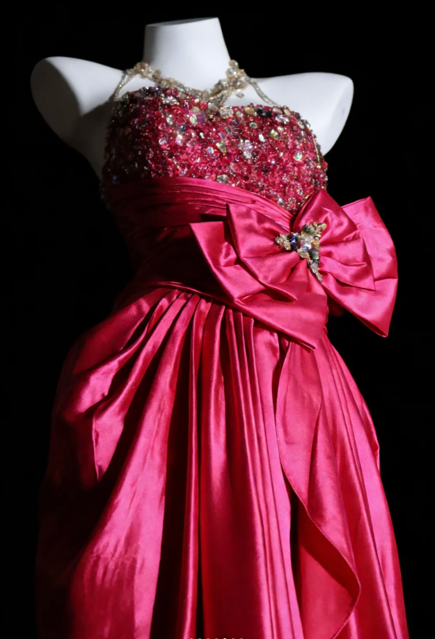 Fashion Hot Pink Satin Beaded Mermaid Long Evening Dress Formal Wedding Guest Dress With Bow SP1844