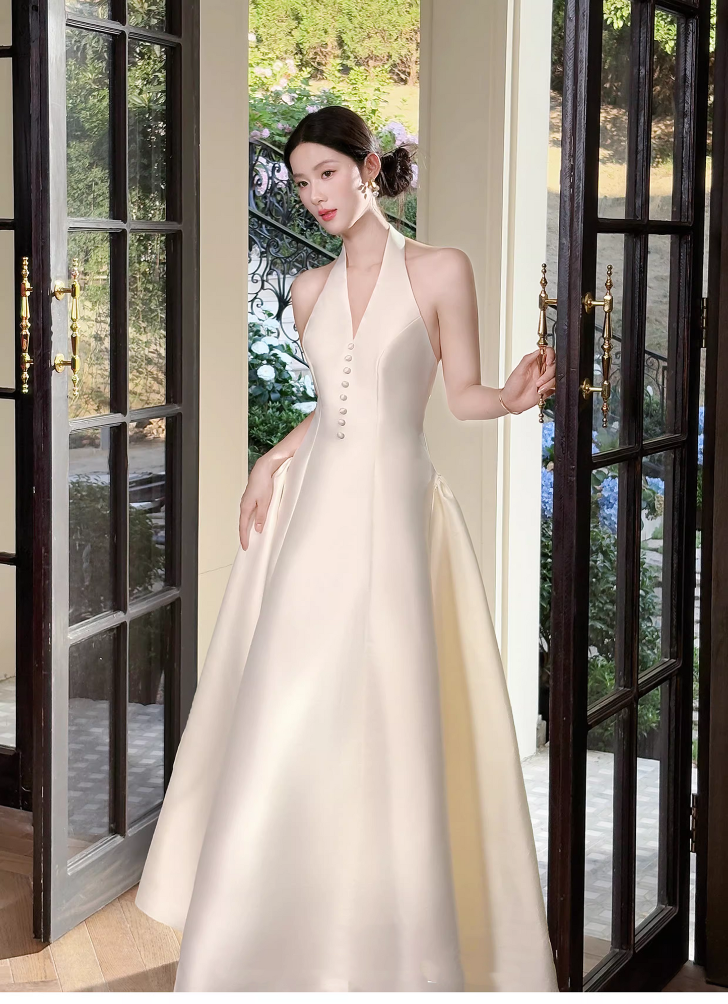 Fashion Halter V Neck Off White Satin A Line Long Wedding Guest Dress Formal Birthday Party Dress SP2013
