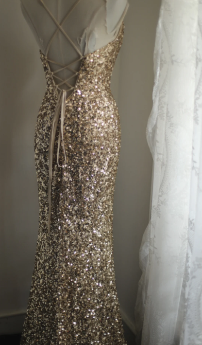 Pretty Spaghetti Straps Gold Sequin Slit Mermaid Long Wedding Guest Dress Birthday Party Gown SP1260