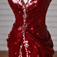 Sexy Burgundy Sequins Halter V Neck Evening Dress,Backless Mermaid Evening Dress Y8628