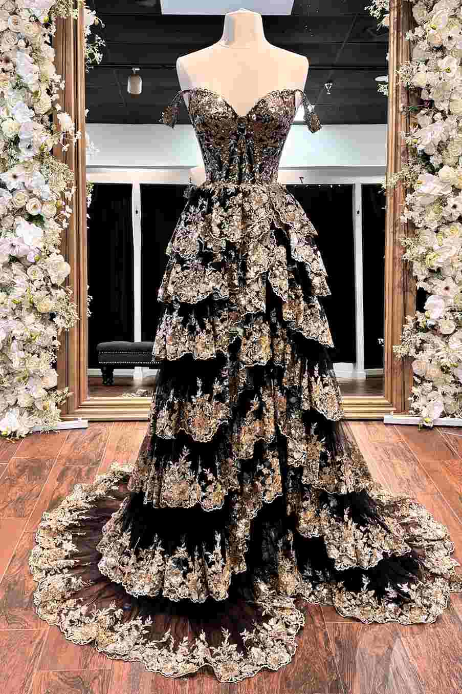 Sparkly Off The Shoulder Black Tulle Appliques Slit Prom Dress,Layered Long Prom Dress Y8428