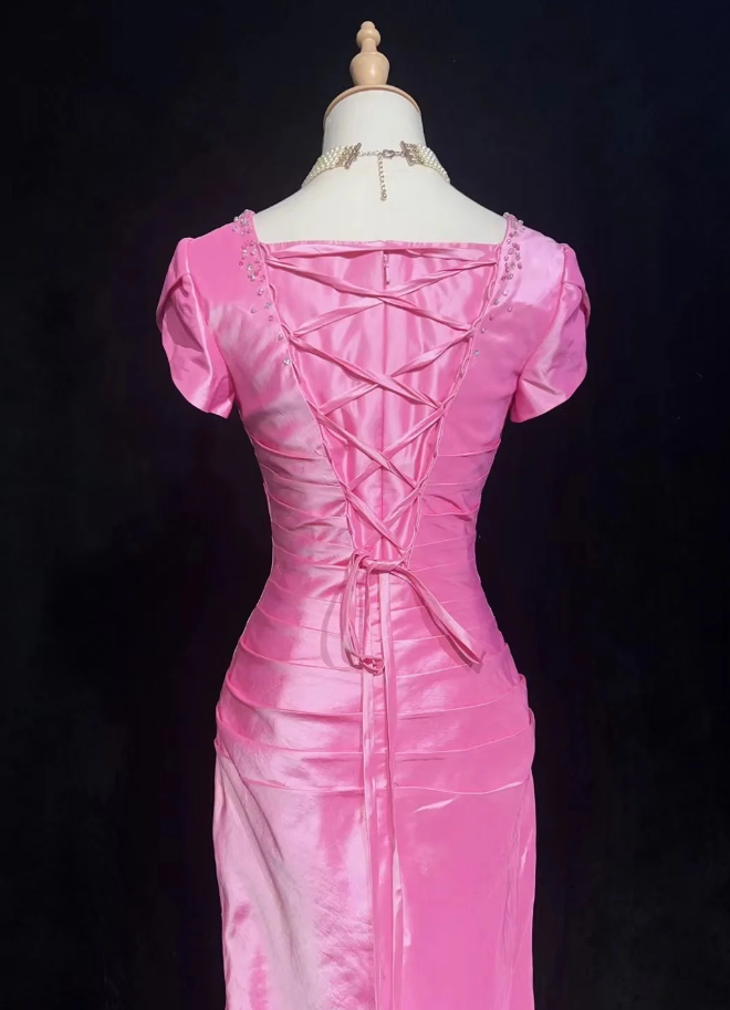 Sweet Square Neck Pink Satin Layered Mermaid Long Party Dress Birthday Prom Dress SP1855