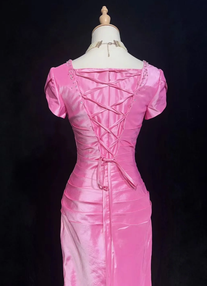 Sweet Square Neck Pink Satin Layered Mermaid Long Party Dress Birthday Prom Dress SP1855