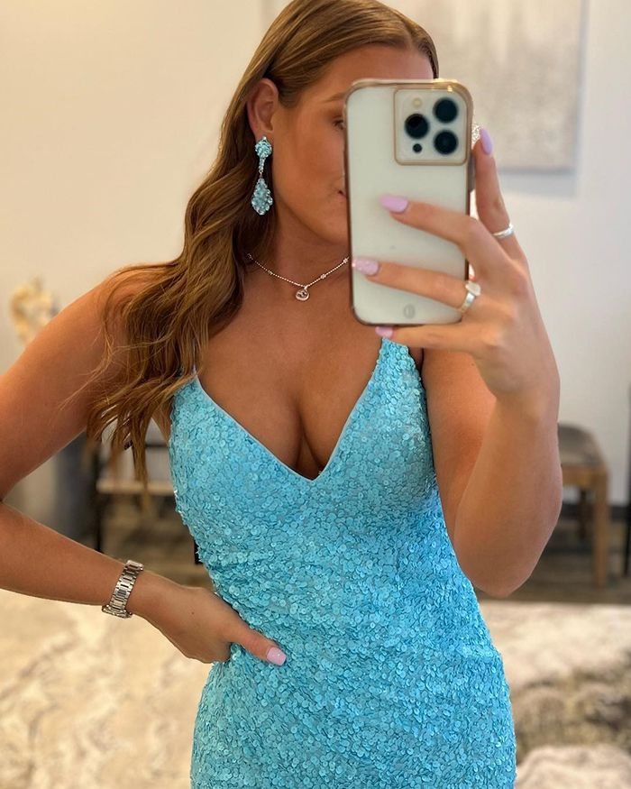 Spaghetti Straps Cyan Sequin Mermaid Prom Dress with Side Slit  Y7203