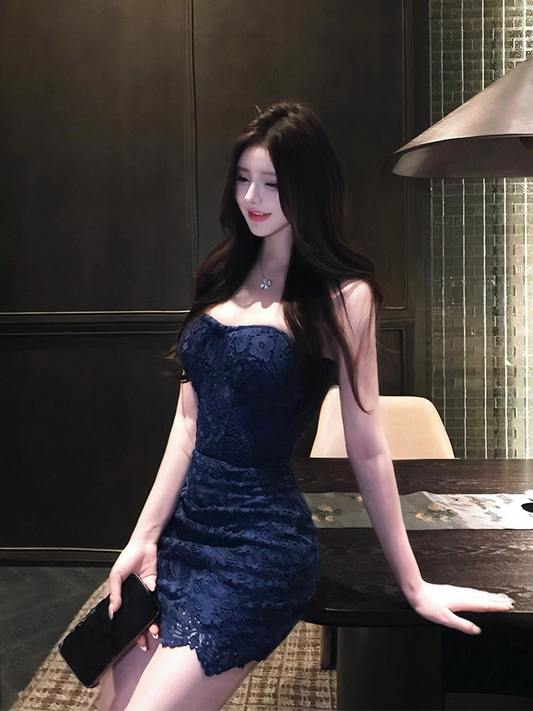 Vintage Navy Blue Strapless Lace Sheath Short Homecoming Dress 20th Birthday Outfits SP118