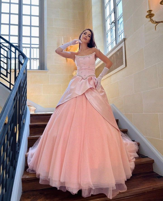 Charming Pink Strapless Satin Tulle Beaded Long Prom Gown Evening Dress With Gloves SP924