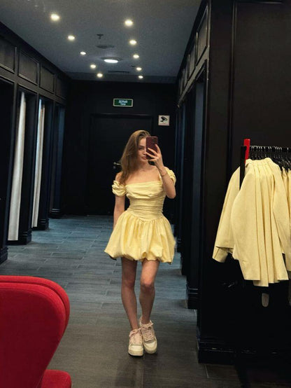 Cute Off The Shoulder Yellow Satin A Line Short Homecoming Dress Birthday Dress SP3963