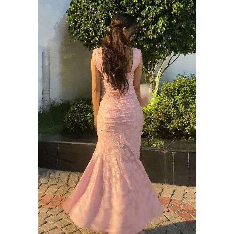 Pretty Pink Pleated Pink Floral Mermaid Evening Dress Long Wedding Guest Dress SP1061