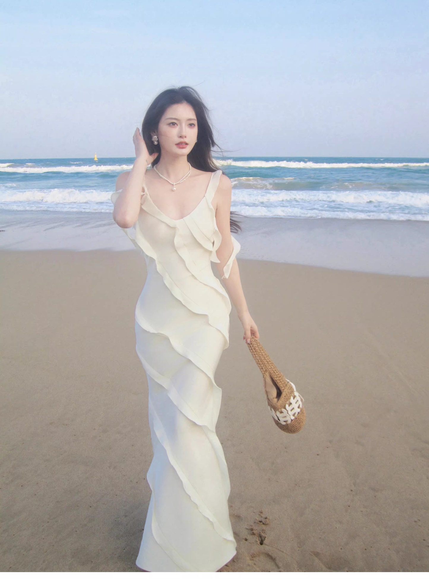 Classy V Neck White Satin Ruffles Mermaid Long Party Dress Formal Wedding Guest Dress SP1974