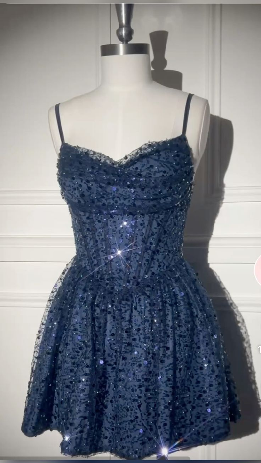 Pretty Navy Blue Tulle Sequin Beaded A Line Short Homecoming Dress Formal 20th Birthday Outfits SP77