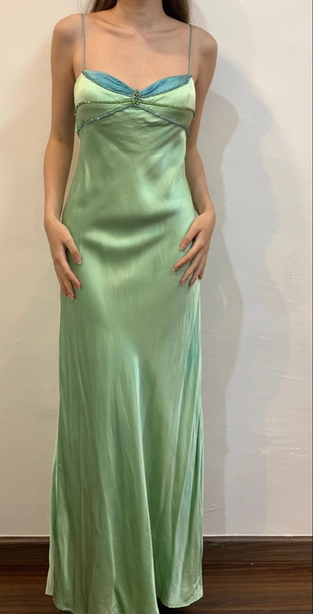 Sexy Spaghetti Straps Green Satin Beaded Prom Evening Dress Y7757