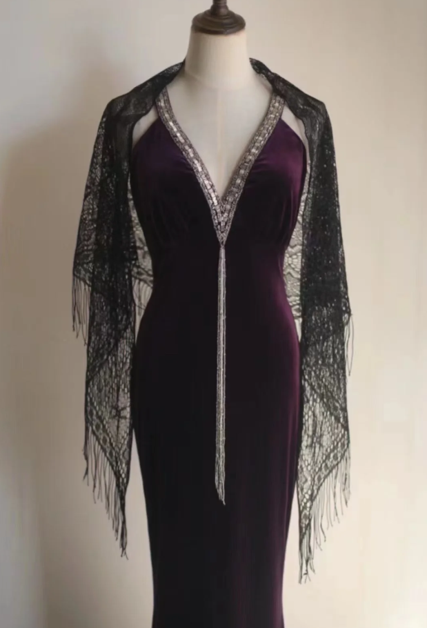 Sexy Purple V Neck Velvet Beaded Mermaid Long Wedding Guest Dress Formal Evening Dress SP1248