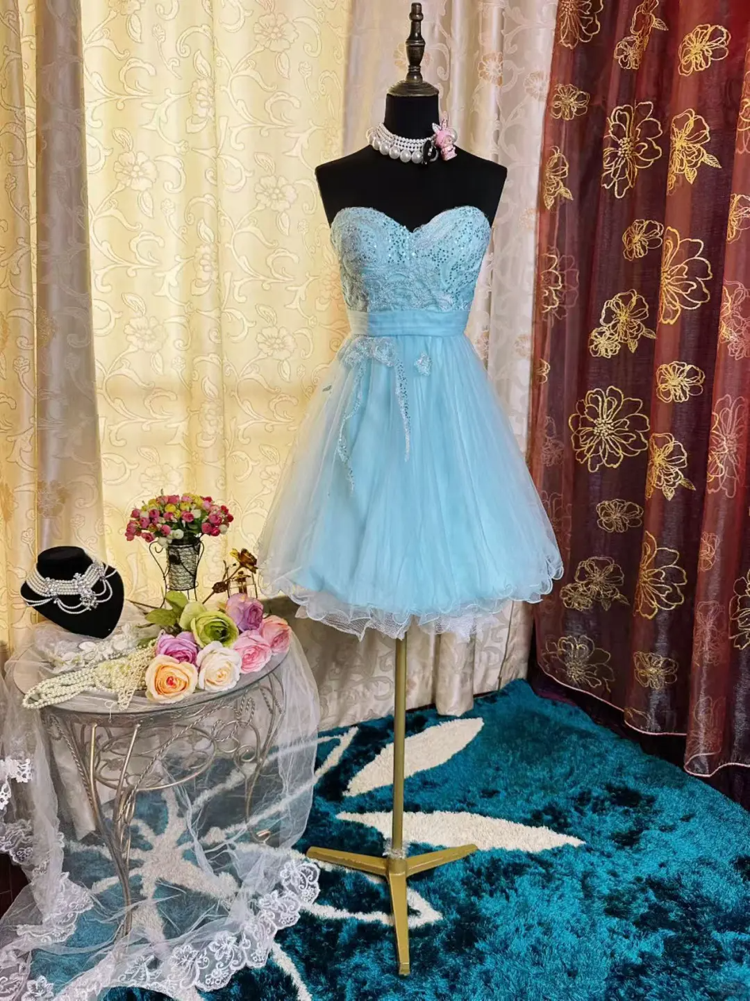 Elegant Strapless Blue Tulle Sequin Appliques A Line Short Homecoming Dress 19th Birthday Outfits SP80