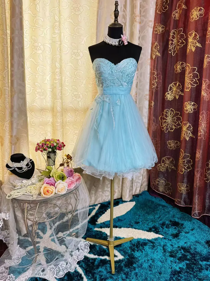 Elegant Strapless Blue Tulle Sequin Appliques A Line Short Homecoming Dress 19th Birthday Outfits SP80