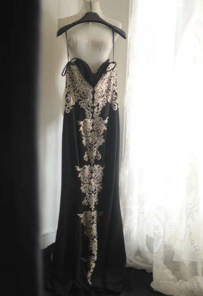 Fashion Spaghetti Straps Black Appliques Beaded Mermaid Long Wedding Guest Dress Party Dress SP1257
