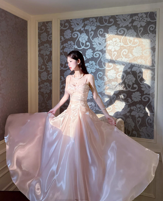 Sweet Spaghetti Straps Pink Satin Long Party Dress Birthday Dress SP1984