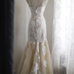 Vintage Spaghetti Straps Champagne Tulle White Lace Appliques Mermaid Long Wedding Dress SP1243