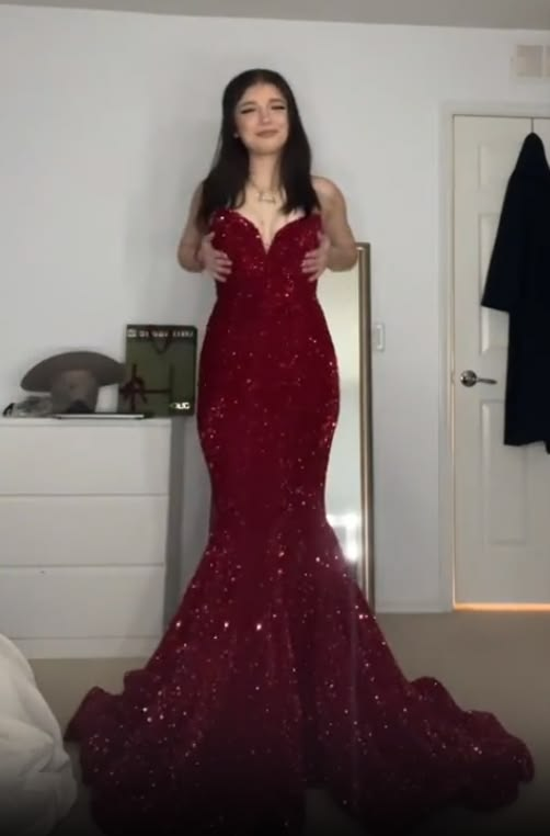 Sparkly Burgundy Sequin Mermaid Long Party Dress Prom Gown SP4236