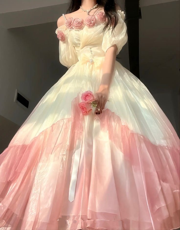 Roses Flowers Masquerade Prom Dress Pink Gradient Floral Party Dress W – Simplepromdress
