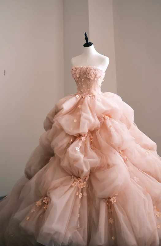 Pretty Pink Strapless Organza Appliques Long  Wedding Dress SP730