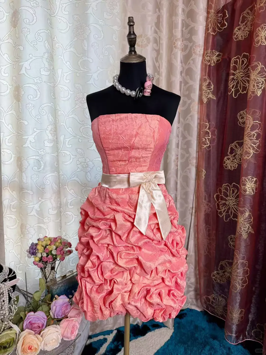 Vintage Strapless Peach Pink Satin Pleated Short Homecoming Dress 20th Birthday Outfits SP84