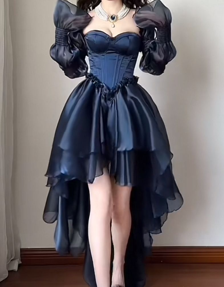 Spring Summer Vintage Style Off Shoulder Navy Blue Party Dress Women Elegant Princess Dress Y4808