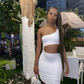 One Shoulder White Homecoming Dress,Sexy Waist CutOut Dress Y2103