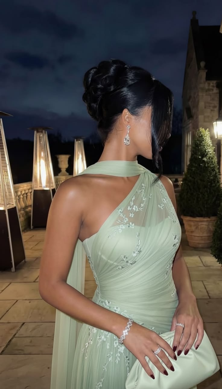 Glamorous Sage Green One-Shoulder Embroidered Chiffon Mermaid Prom Dress Long Evening Dress SP2301