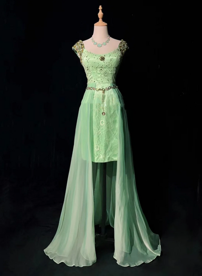 Charming Mint Green Sleeveless Lace Chiffon Beaded Long Birthday Prom Dress Evening Gown SP1441