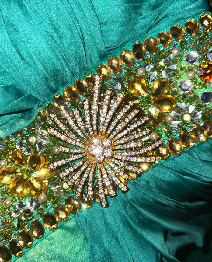 Unique Spaghetti Straps Green Satin Beaded Long Evening Dress Prom Gown SP1065